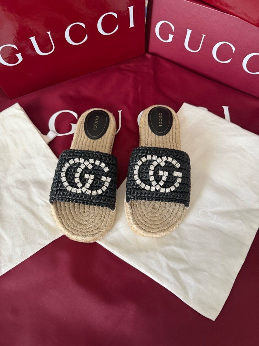 Gucci Black GG Crystal Raffia Embellished Espadrille Sandal Slides NIB 38